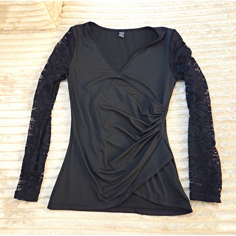 SHEIN Black Lace Long Sleeve Wrap Ruched Blouse Top Small S 4